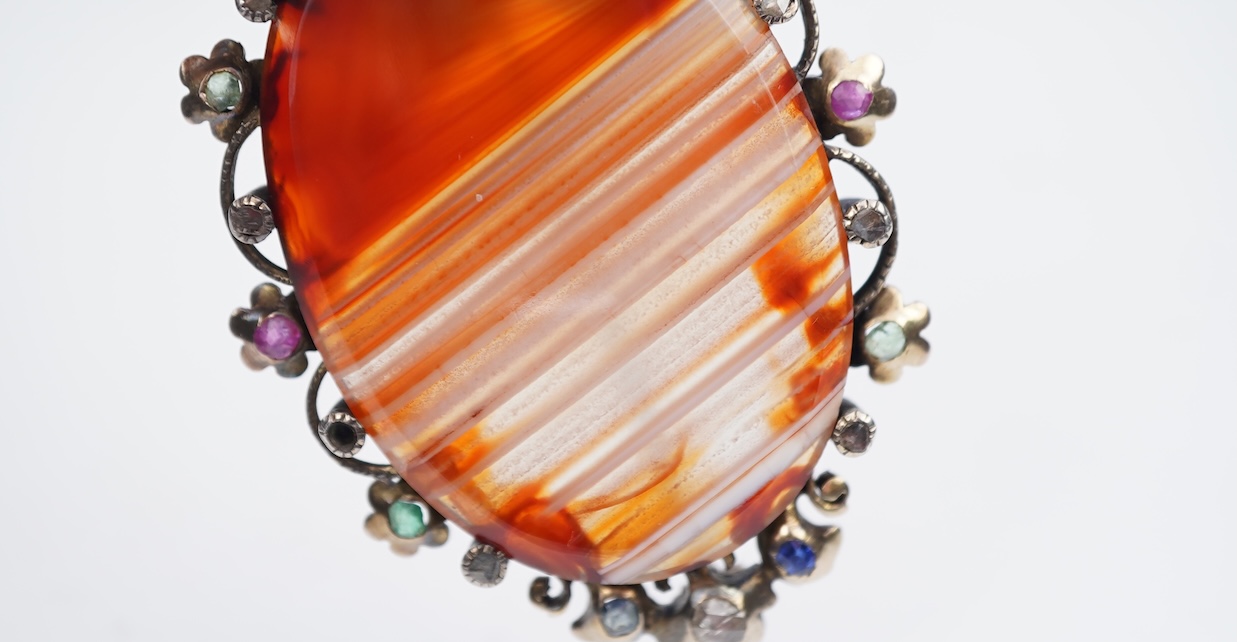 An agate, ruby, emerald and diamond brooch, circa 1900